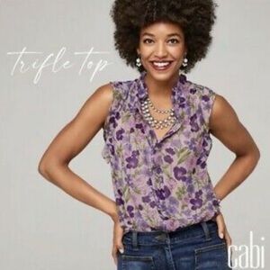 Cabi Trifle sheer flirty plum floral sleeveless button down ruffled chic blouse